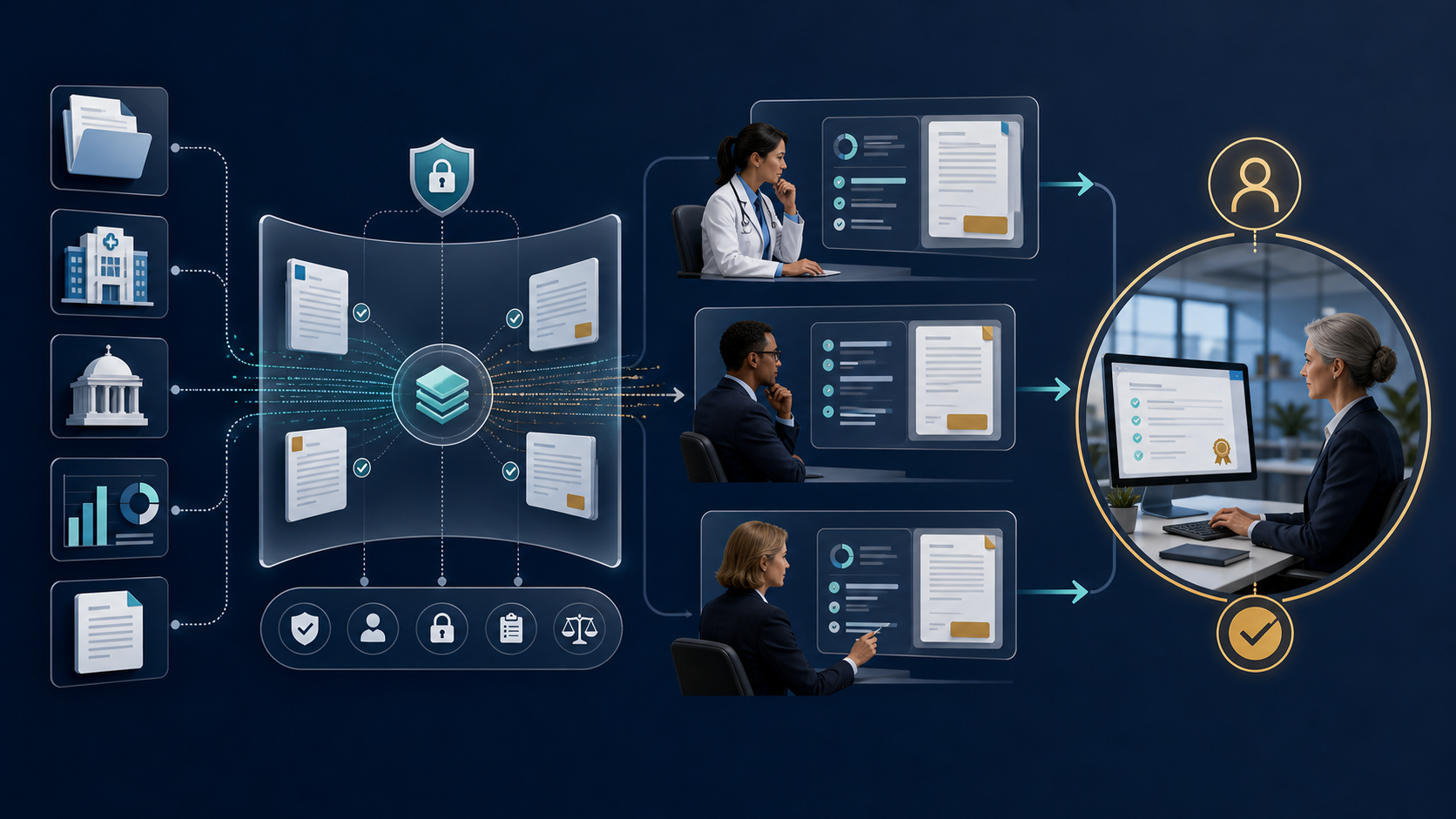 Healthcare and public-sector professionals reviewing AI-assisted information within a governed workflow that preserves privacy, security, and human decision-making.