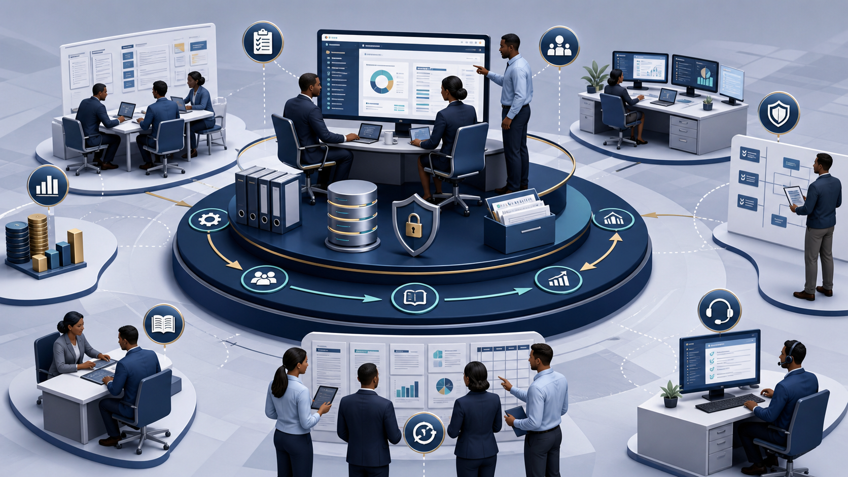 Government and implementation teams supporting a public information system through delivery, knowledge transfer, operation, governance, and continuous improvement.